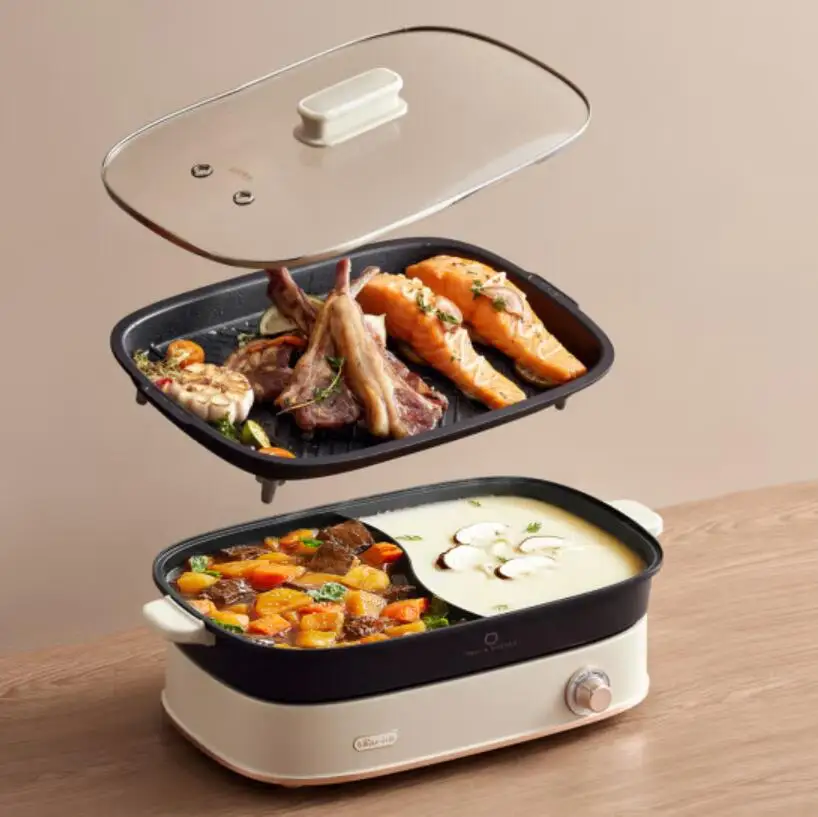 New Split Multifunctional Cooking Pot Barbecue Pan Hot Pot Electric Cooker Household Barbecue Integrated Pot Grilled Fish Pot.