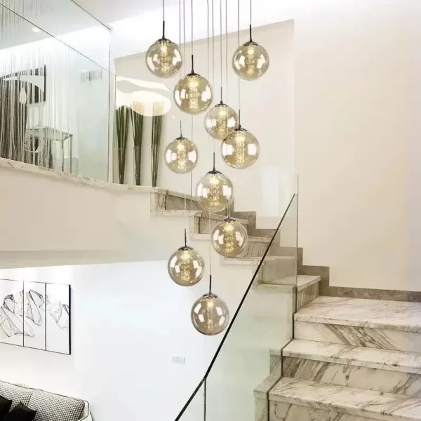 Nordic Glass Ball Chandelier Staircase Black Ball Light Spiral Light G4 Led Staircase Hotel Chandelier Villa Lighting Staircase - obrazek 3