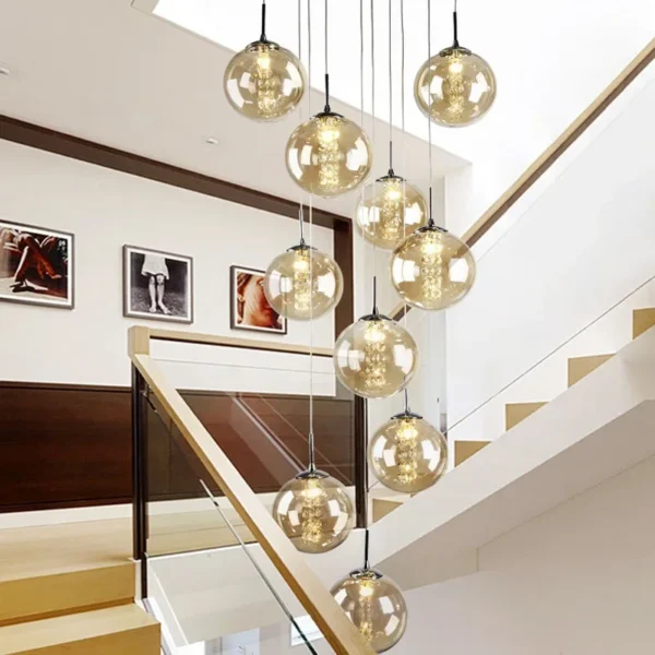 Nordic Glass Ball Chandelier Staircase Black Ball Light Spiral Light G4 Led Staircase Hotel Chandelier Villa Lighting Staircase - obrazek 6